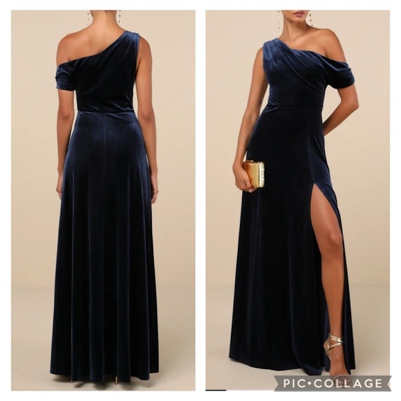Lulu's Blue Velvet Asymmetrical One-Shoulder Gown Dress - Picture 1 of 10